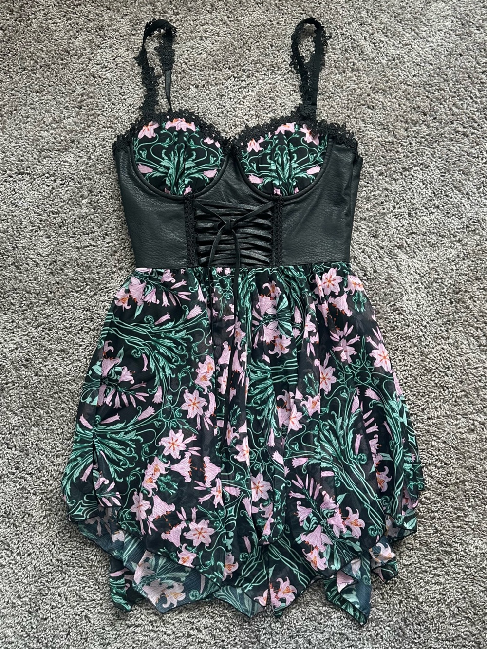 Dolls Kill Black Floral Lace-Up Mini Dress with Pink & Green Print